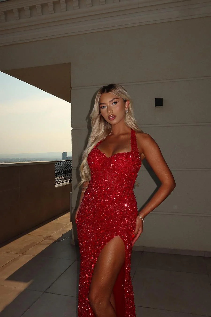 Hlater Sleeveless Sequins Sparkle Mermaid Side Slit Prom Dress