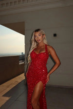 Hlater Sleeveless Sequins Sparkle Mermaid Side Slit Prom Dress