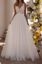 V-Neck Sleeveless A-Line Wedding Dress Tulle With Appliques