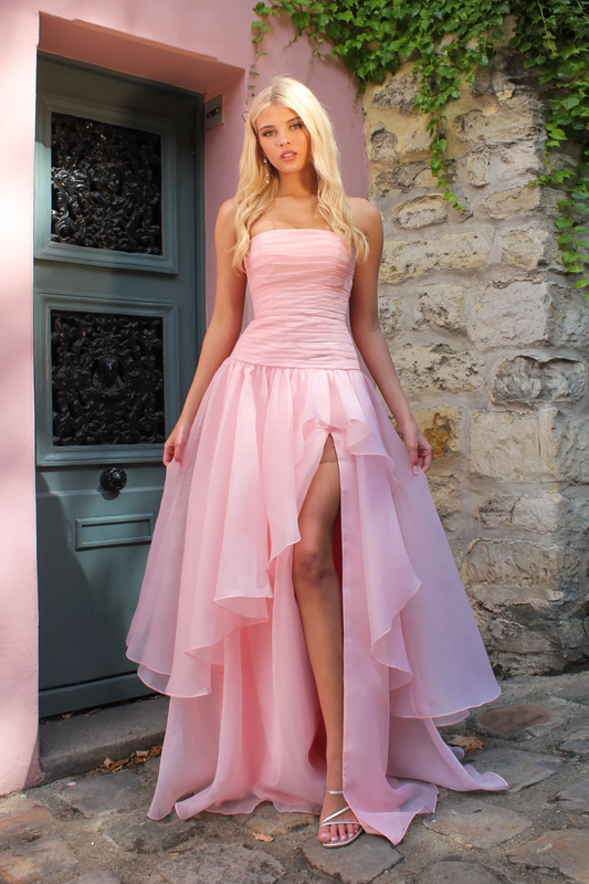 Pink Chiffon Strapless Sleeveless High Waist Long Prom Dress With Split