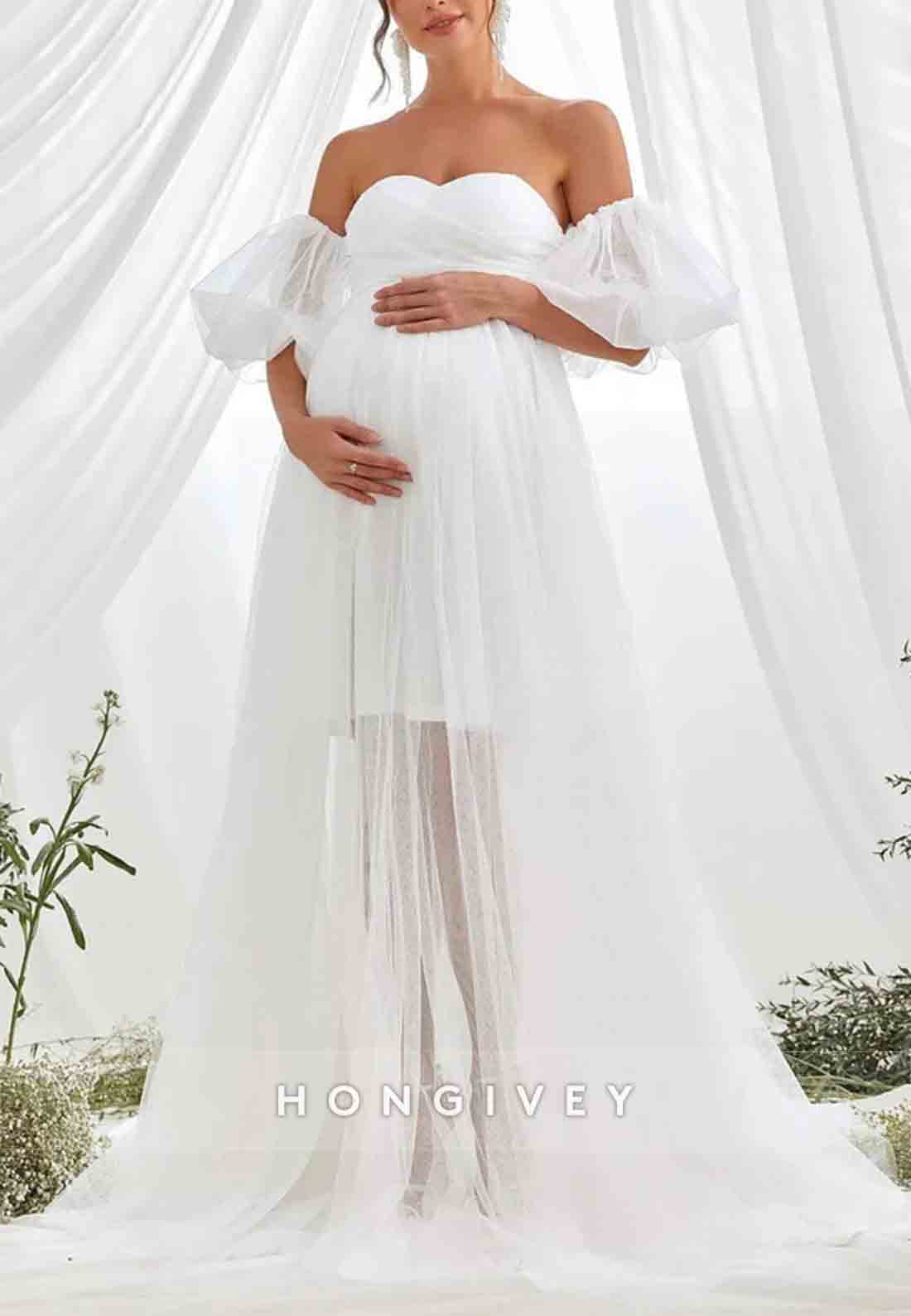 Maternity Sweetheart Off the Shoulder Puff Sleeve Mesh Overlay Wedding Dress