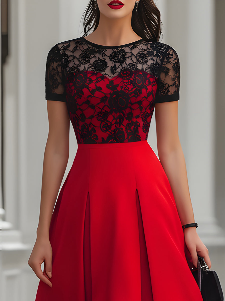 Red Black Lace Fit-and-Flare Midi Dress