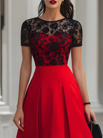 Red Black Lace Fit-and-Flare Midi Dress