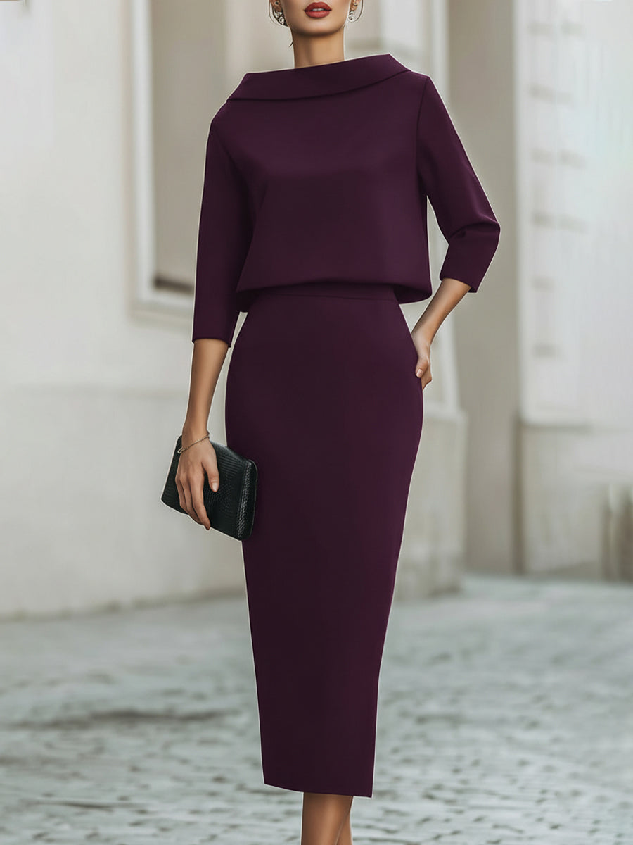 Boat Neck Long Sleeve Mermaid Tea-Length Wedding guest Dress