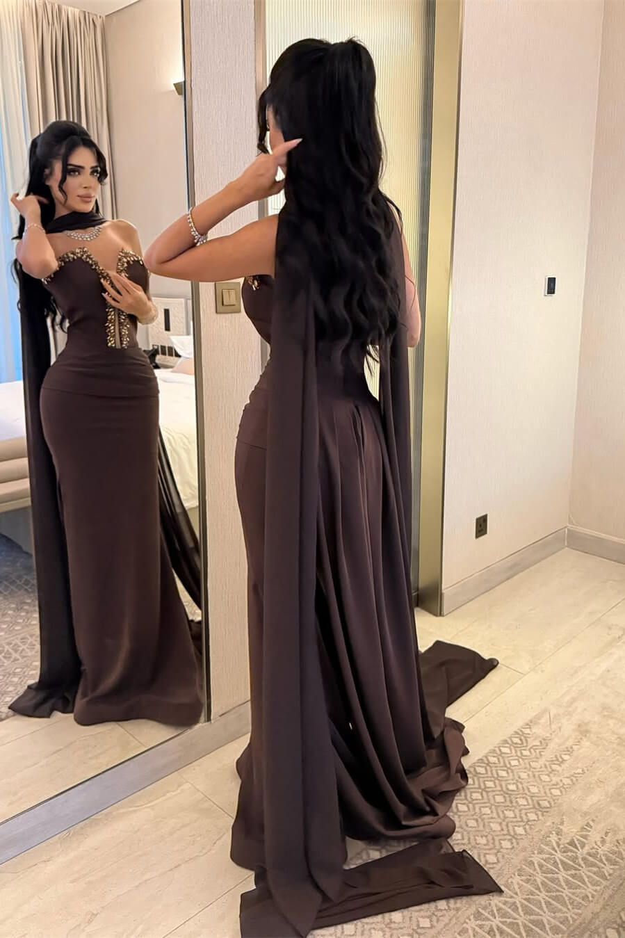 Dark Brown V-Neck Strapless Mermaid Prom Dress Long With Crystals