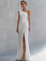 One-Shoulder Draped Column Gown With Front Slit