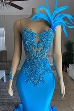 Ocean Blue One Shoulder Long Sleeves Mermaid Prom Dress With Beadings Feathers