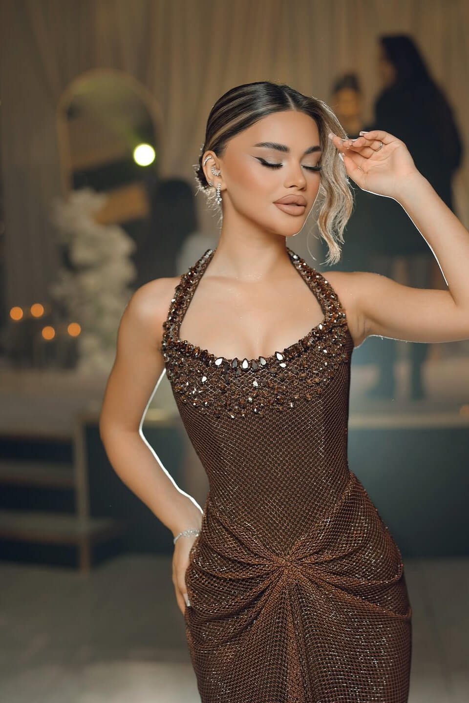 Chocolate Brown Halter Sleeveless Mermaid Prom Dress Long With Beads Crystals