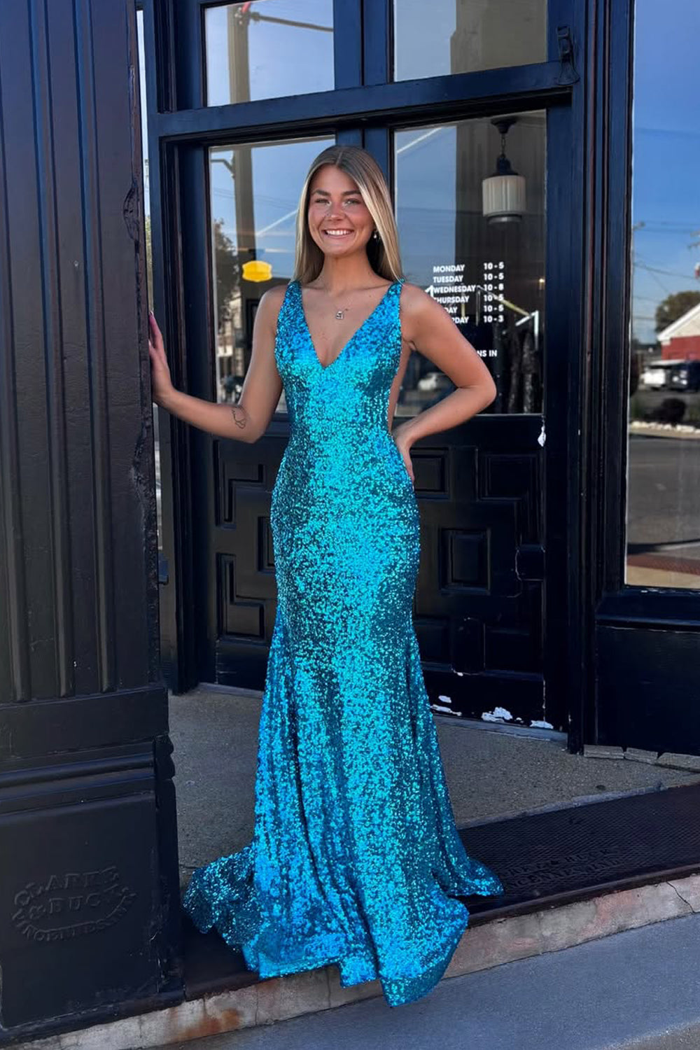 Mermaid V Neck Teal Sequins Long Prom Evening Dresses