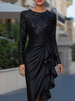 Sequin Bodice Long-Sleeve Evening Dress With Cascading Ruffle Skirt