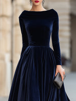 Velvet Long Sleeves Midi Dress With Sculpted Off-Shoulder Collar