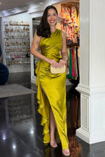 Sheath One Shoulder Silk Satin Long Prom Dresses with Ruffle Slit