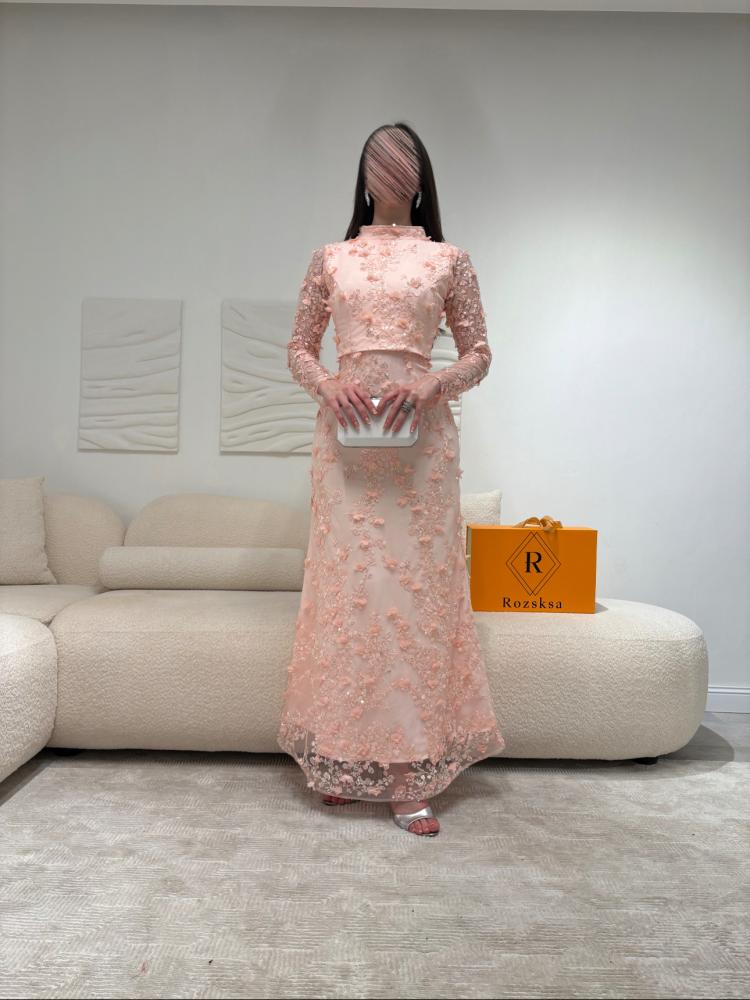 Pink High Neck Lace Sequins Flowers Long Sleeve Mermaid Ankle-Length Evening Dress