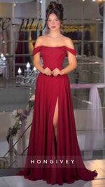 Off the Shoulder A-Line Slit Prom Dress