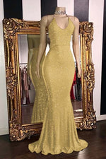 Hidais Glamorous Halter Neck Mermaid Sleeveless Red Long Prom Dress With Sequins