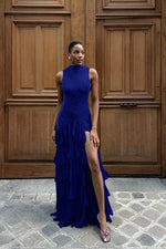 High Neck Sleeveless Long Mermaid Prom Dress With Split Ruffles