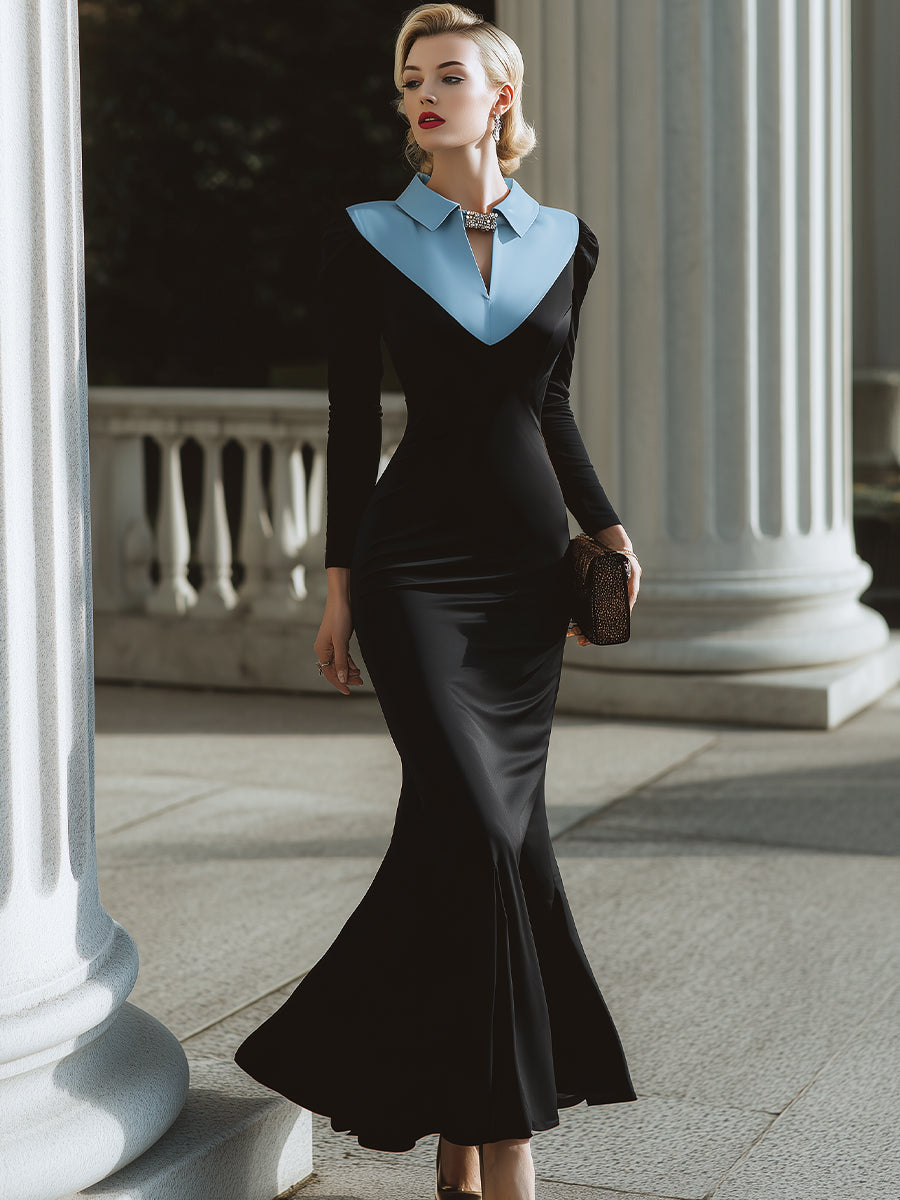 Contrast Collar Long Sleeve Mermaid Evening Gowns