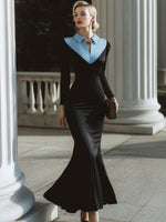 Contrast Collar Long Sleeve Mermaid Evening Gowns