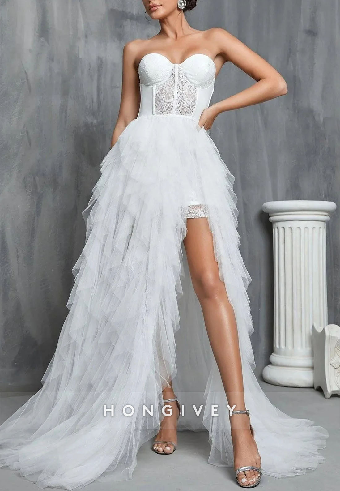 Sweetheart High Slit Sweep Train Strapless Wedding Dresses with Ruffles