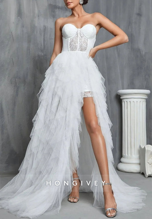 Sweetheart High Slit Sweep Train Strapless Wedding Dresses with Ruffles