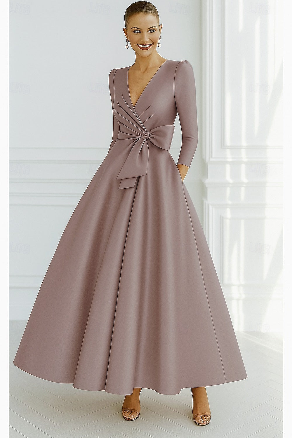 V-Neck A-Line Long Sleeve Ankle-Length Evening Dress