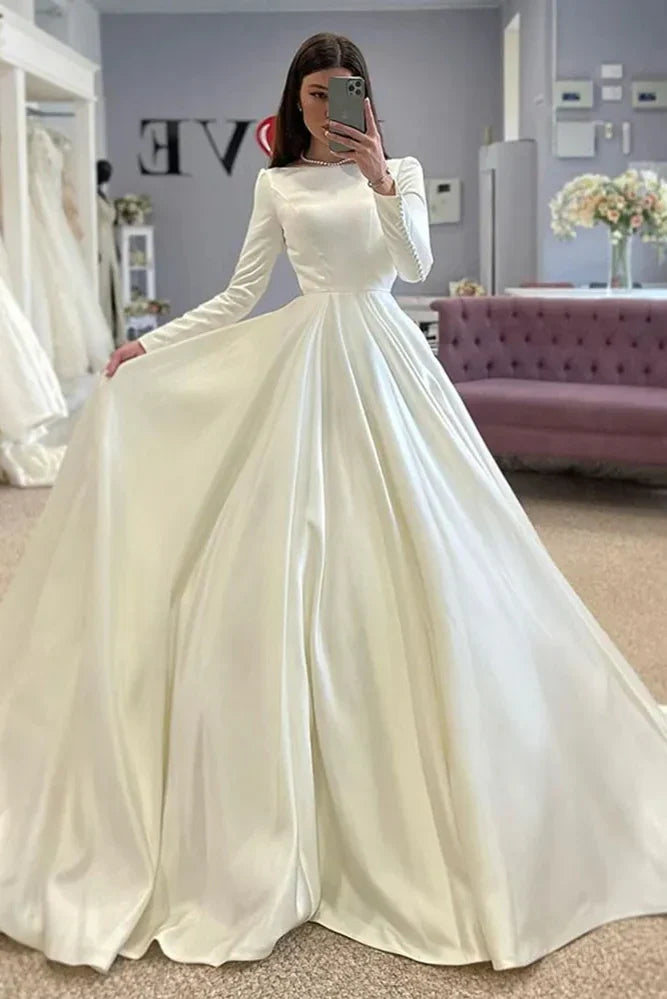 A Line Beach Satin Modest Wedding Dress Long Sleeves