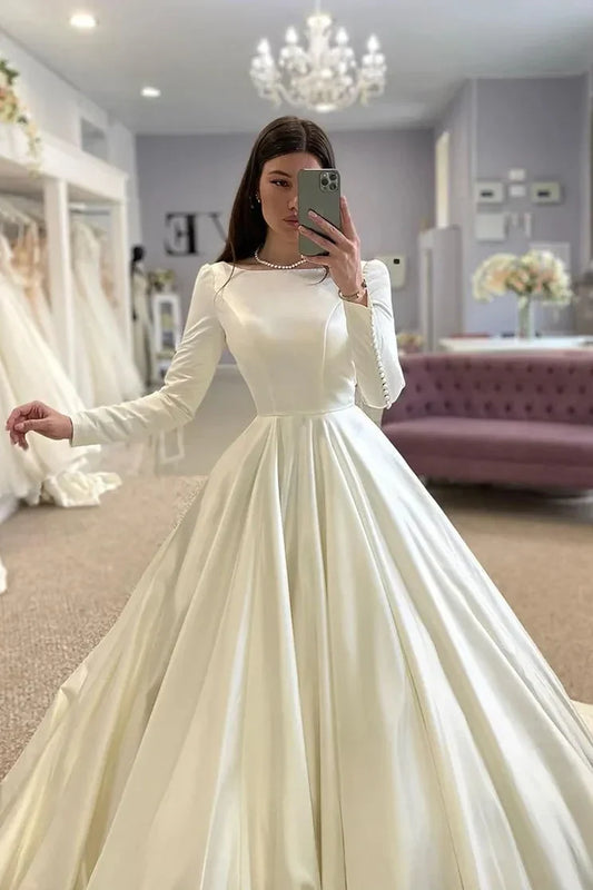 A Line Beach Satin Modest Wedding Dress Long Sleeves