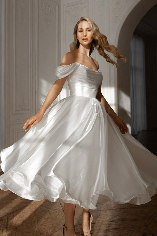 A Line Wedding Dress Off the Shoulder Organza Tea Length Formal Dress