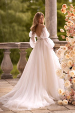 A Line Wedding Dress Long Sleeve Off the Shoulder Bridal Gown With Lace Appliques