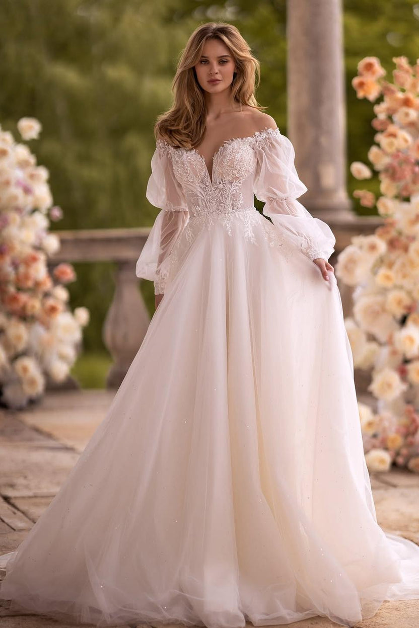 A Line Wedding Dress Long Sleeve Off the Shoulder Bridal Gown With Lac