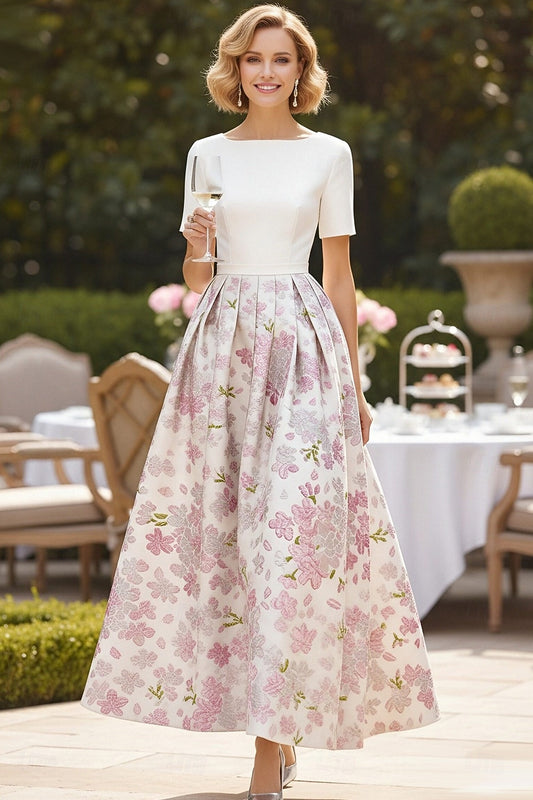 Elegant Half Sleeve A-Line Floral Print Ankle-Length Evening Dress