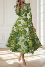 Green Floral Print V-Neck 3/4 Sleeve A-Line Tea-Length Evening Dress