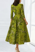 Green Floral Print V-Neck 3/4 Sleeve A-Line Tea-Length Evening Dress