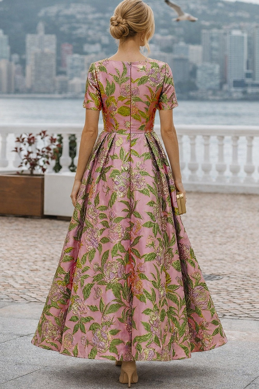 Half Sleeve Flowers Floral Print A-Line Ankle-Length Evening Dress