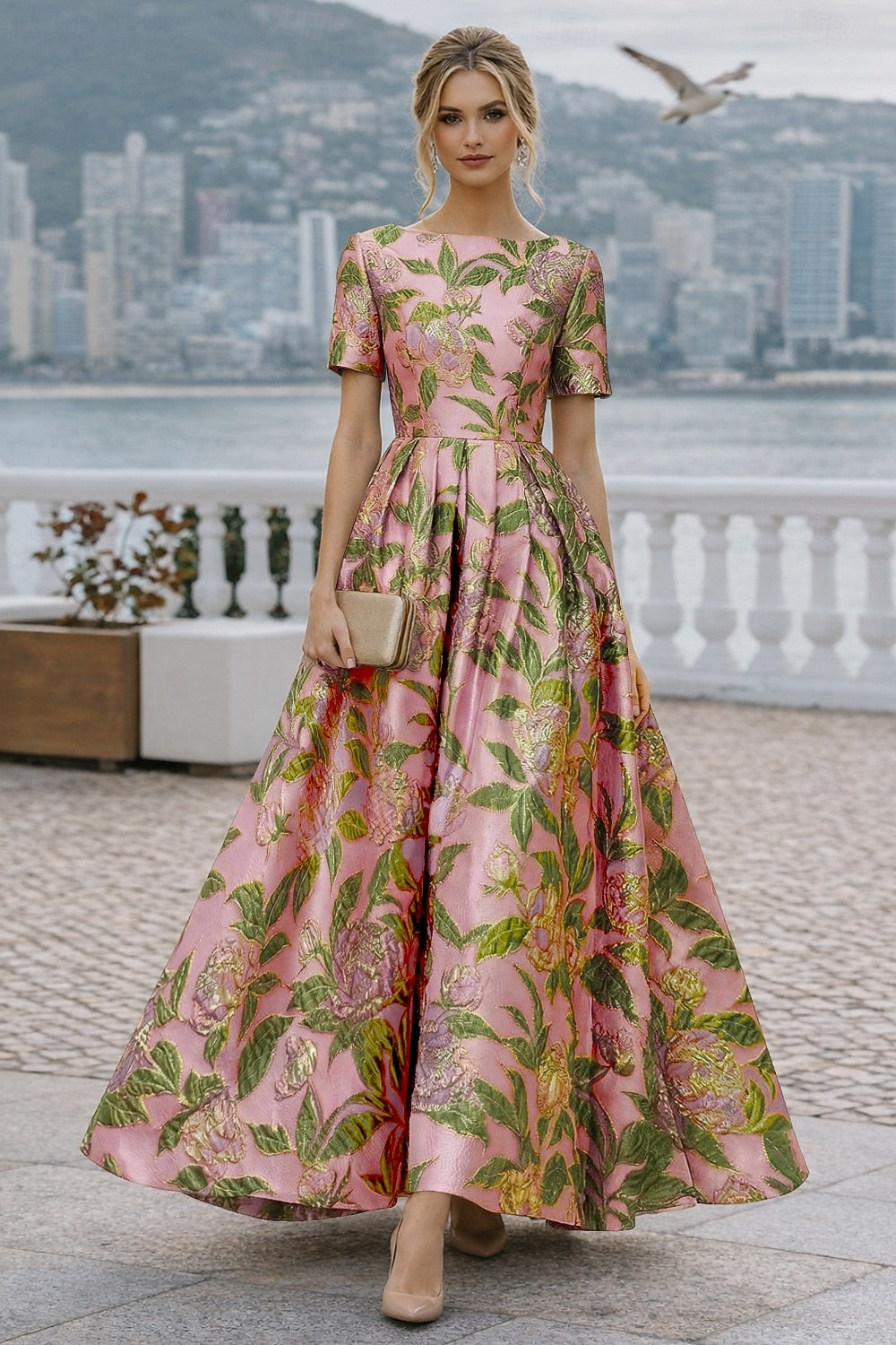 Half Sleeve Flowers Floral Print A-Line Ankle-Length Evening Dress