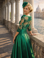 Lace Applique 3/4 Sleeve A-Line Tea-Length Evening Dress