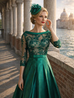 Lace Applique 3/4 Sleeve A-Line Tea-Length Evening Dress