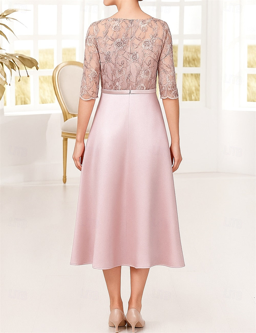 Applique 3/4 Sleeve A-Line Tea-Length Evening Dress