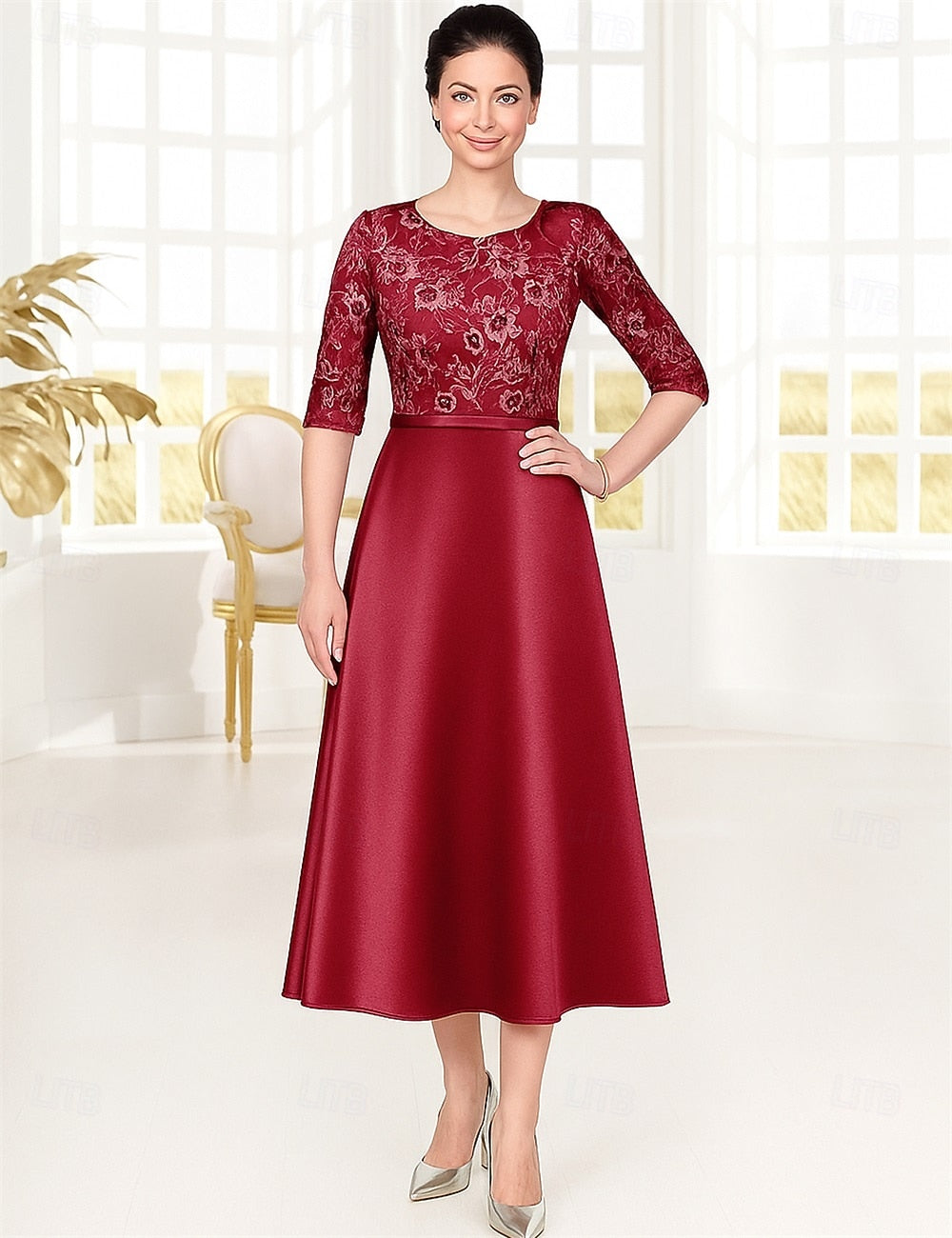 Applique 3/4 Sleeve A-Line Tea-Length Evening Dress