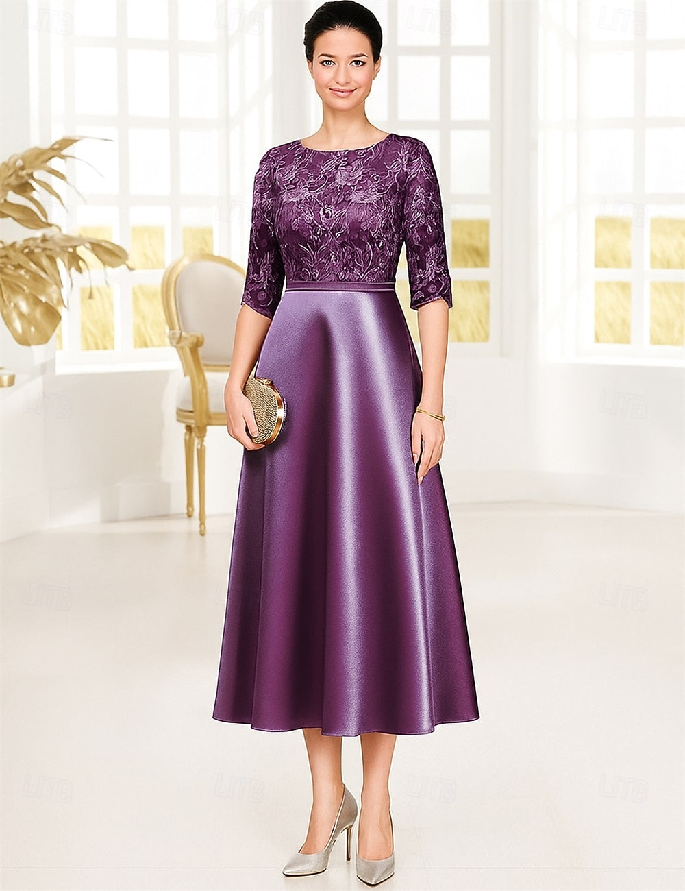 Applique 3/4 Sleeve A-Line Tea-Length Evening Dress