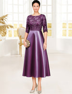 Applique 3/4 Sleeve A-Line Tea-Length Evening Dress