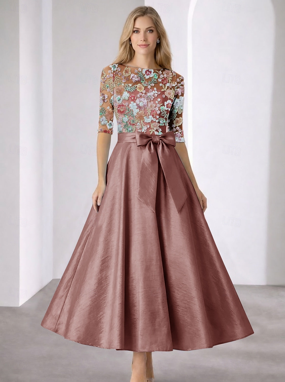 Flowers Floral Print Half Sleeve A-Line Ankle-Length Evening Dress