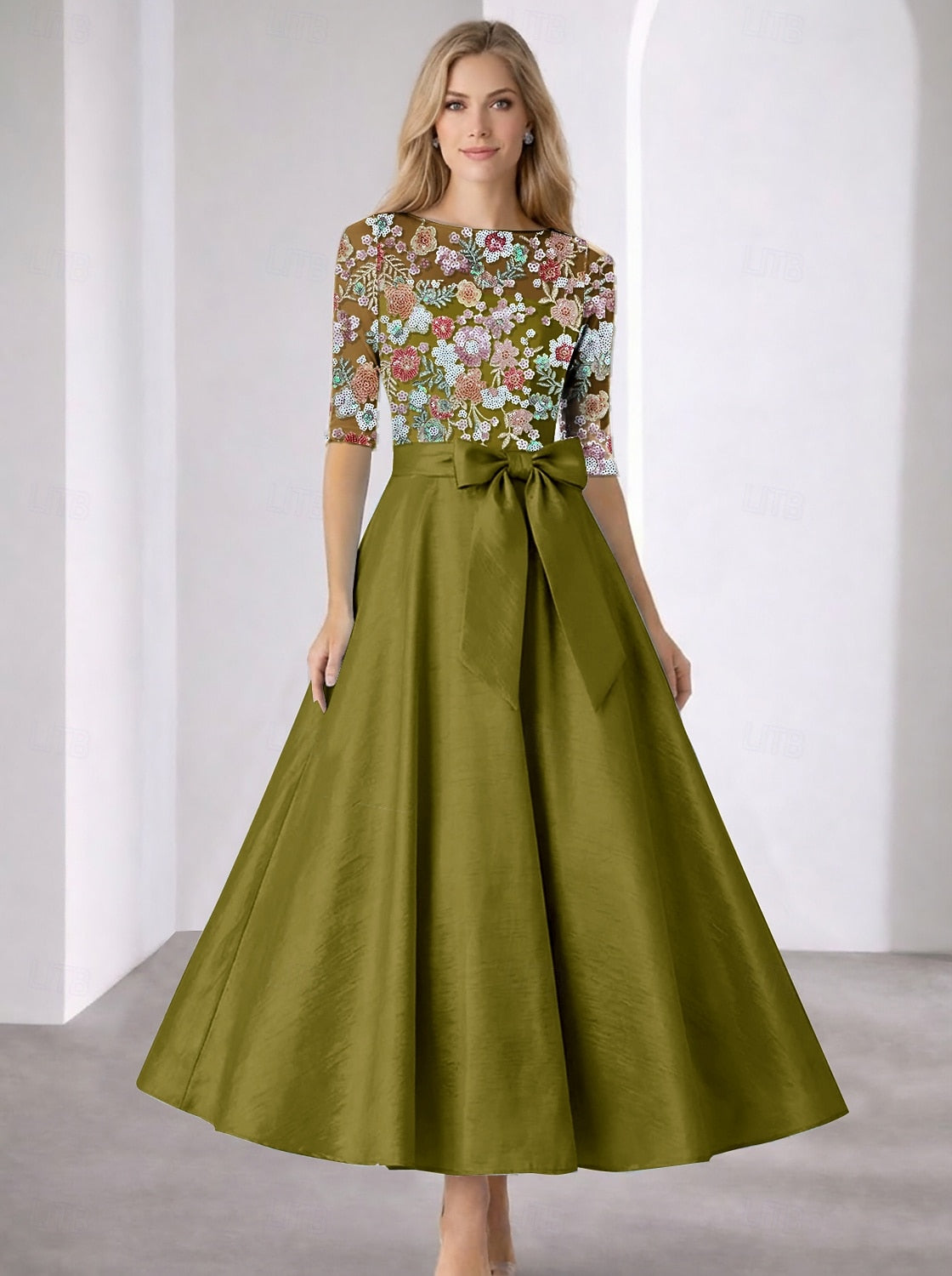 Flowers Floral Print Half Sleeve A-Line Ankle-Length Evening Dress