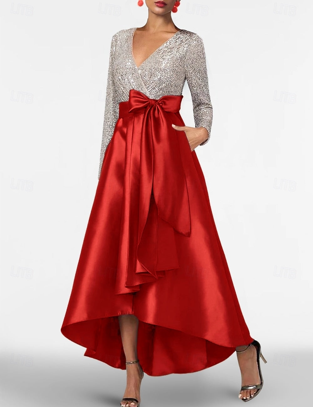 V-Neck Long Sleeve Sparkle Sequins A-Line Ankle-Length Mother of the Bride Dress