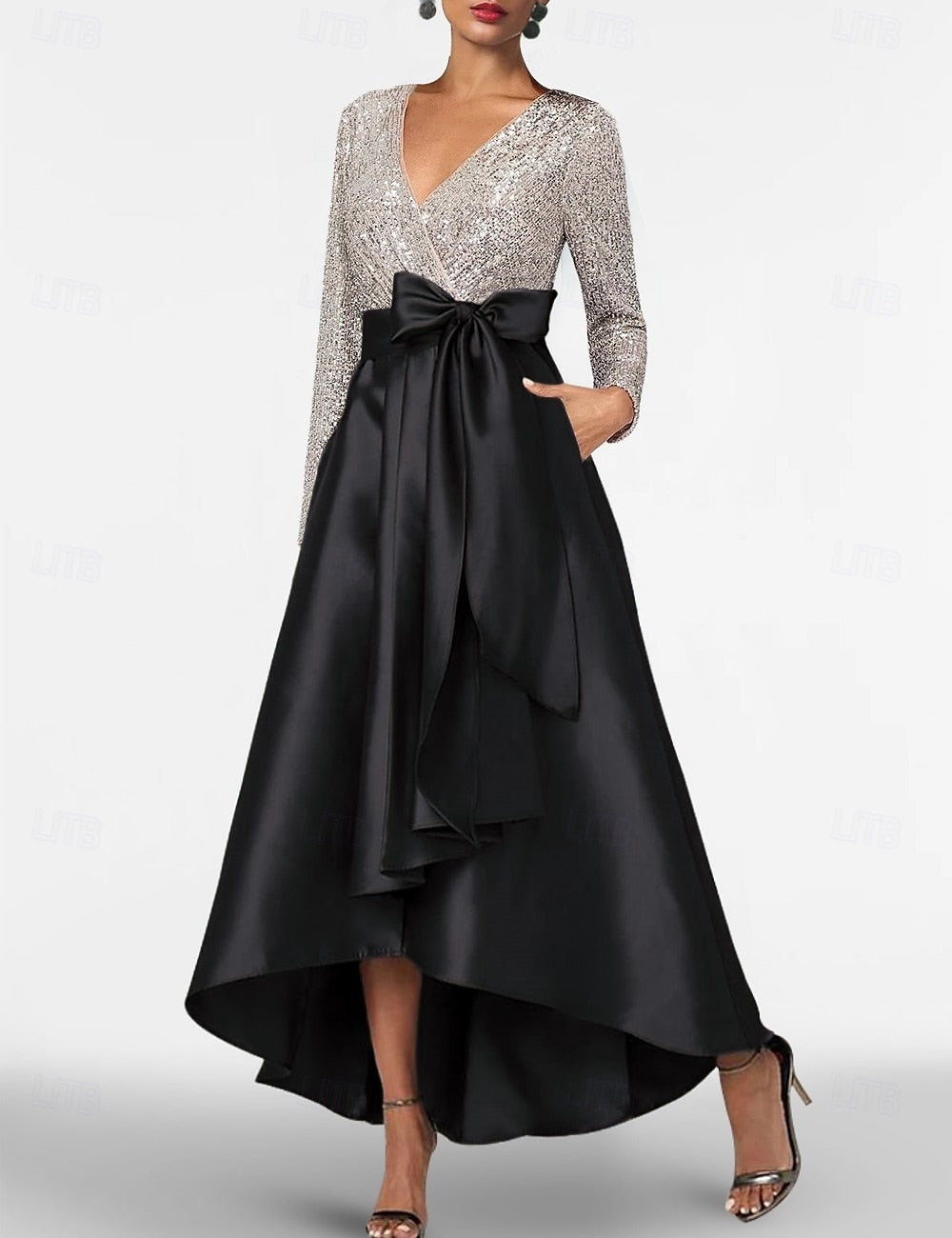 V-Neck Long Sleeve Sparkle Sequins A-Line Ankle-Length Mother of the Bride Dress