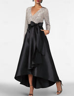 V-Neck Long Sleeve Sparkle Sequins A-Line Ankle-Length Mother of the Bride Dress