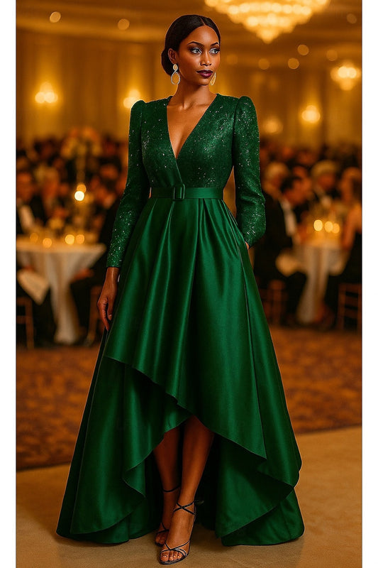 V-Neck Sequins Sparkle Long Sleeve A-Line Floor-Length Formal Evening Dress