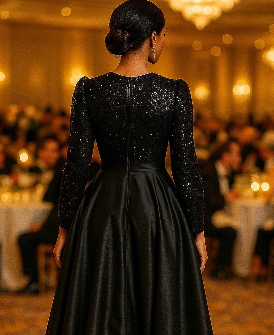 V-Neck Sequins Sparkle Long Sleeve A-Line Floor-Length Formal Evening Dress