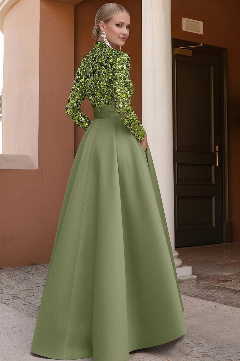 Sequins Sparkle Long Sleeve A-Line Evening Dress Mother of the Bride Dress