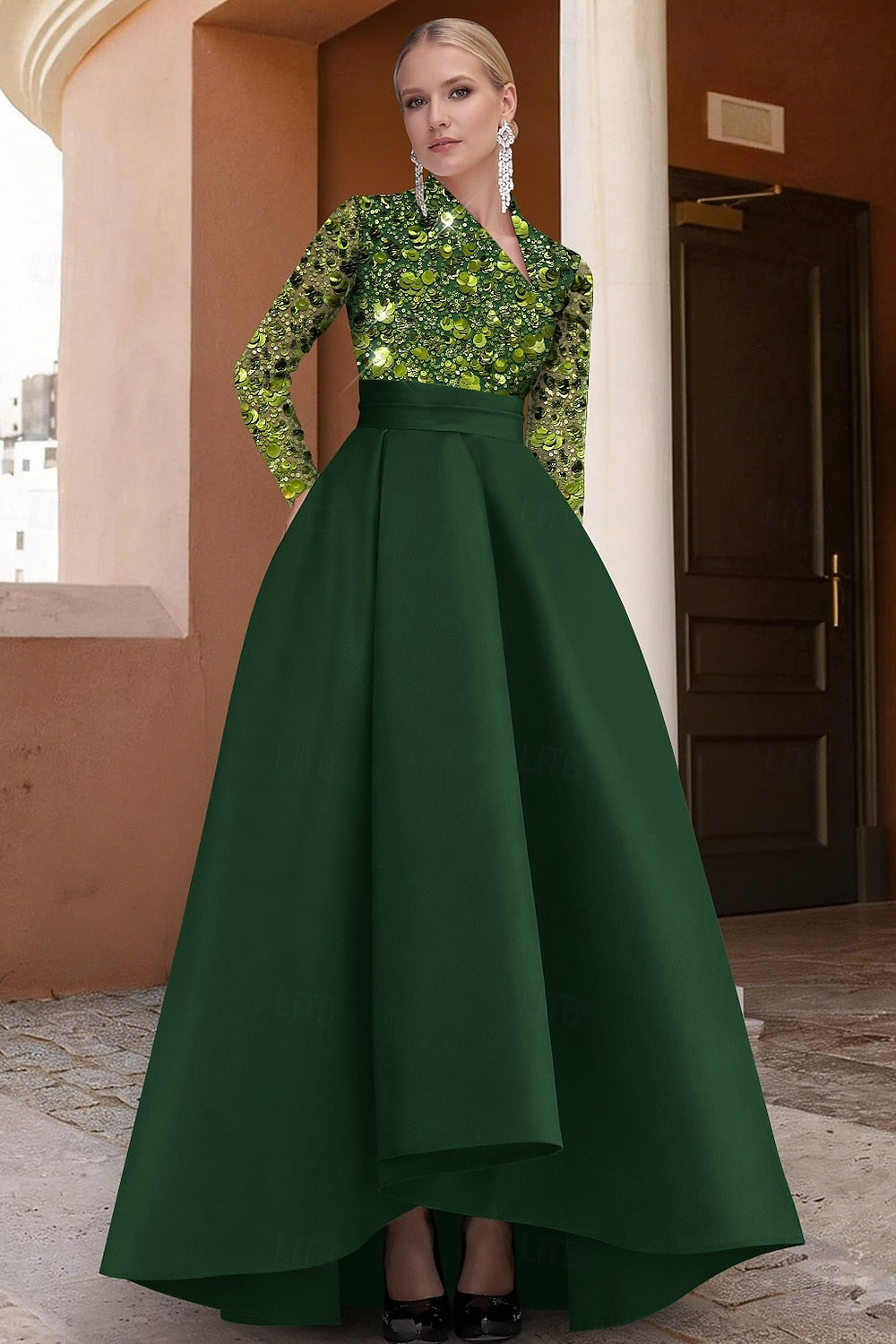 Sequins Sparkle Long Sleeve A-Line Evening Dress Mother of the Bride Dress